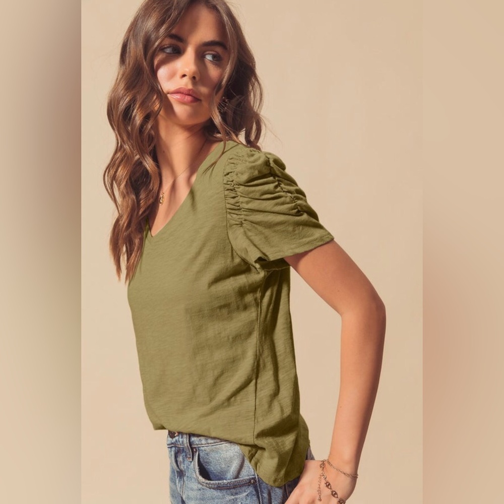 SO ME Olive V-Neck Slub Knit Top with Shirred Puff Sleeves